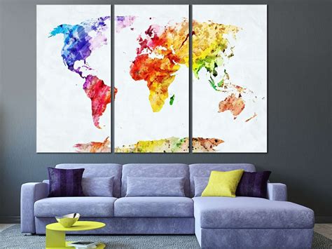 Watercolor World Map Canvas Art Wall Decor 3 Piece Canvas Prints