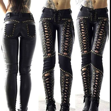 Women Fashion Gothic Punk Leather Pants Ladies Hollow Lace Up Bandage Skinny Pants Dark Fashion