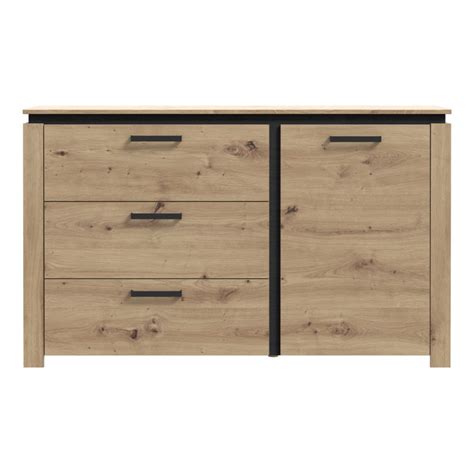 Buffet Salon Salle à Manger Décor Bois De Chêne Et Métal Noir 3 Tiroirs 1 Porte Prao