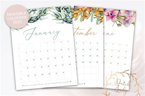 Printable Monthly Calendar 2020 ~ Templates ~ Creative Market
