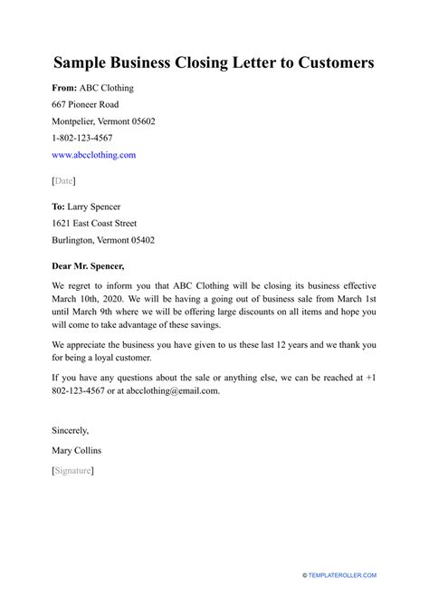 Sample Business Closing Letter To Customers Download Printable Pdf