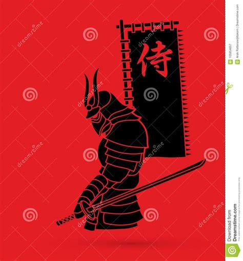 Samurai Standing With Sword And Flag Samurai Japanese Text Cartoon