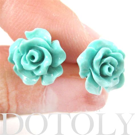 Small Floral Rose Resin Stud Earrings In Mint Blue Green On Luulla