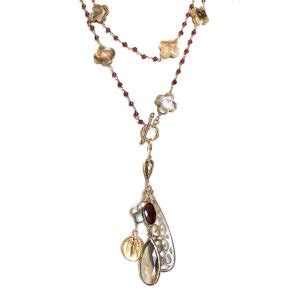 Abalone Clovers With Chain Of Garnet In Gold Vermeil Fine Artisan