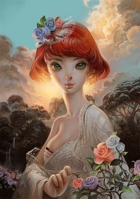 A Painting Of A Woman With Red Hair And Flowers On Her Head Holding A Vase