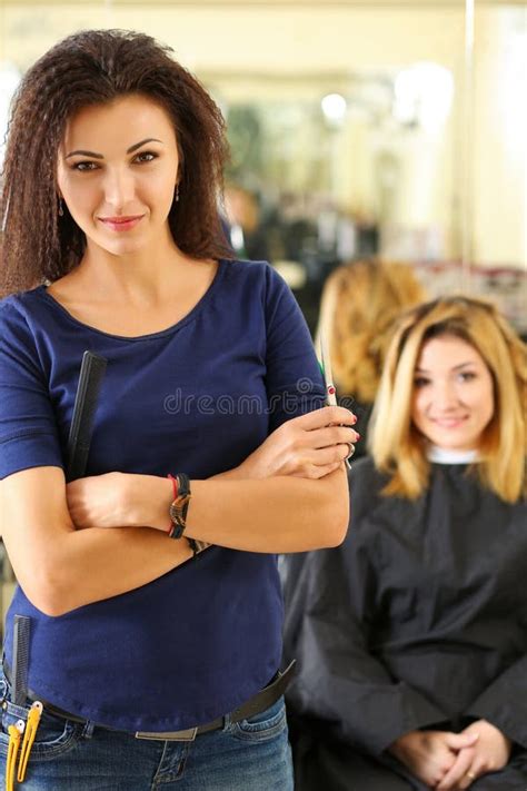 Portrait Of Beautiful Smiling Brunette Hairdresser Stock Photo Image