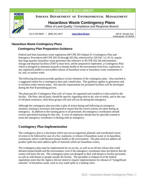 Pdf Hazardous Waste Contingency Plans Indiana Hazardous Waste