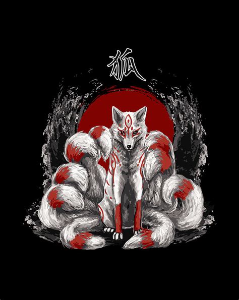 Japanese Nine Tailed Fox Kitsune Long Sleeve T Shirt Digital Art By