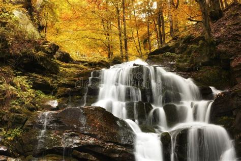 Waterfall Cascade In A Beautiful Deciduous Autumn Forest Bright Autumn