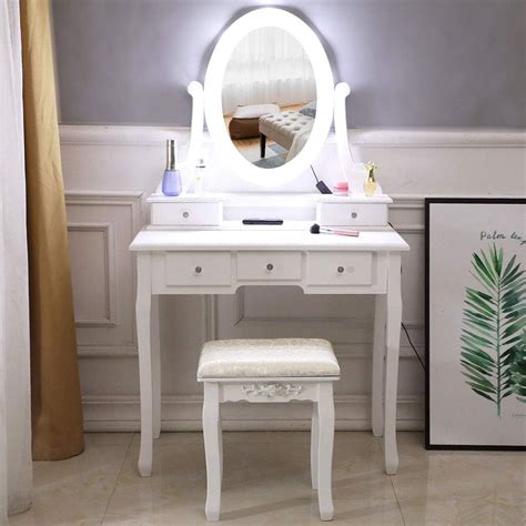 Vanity Table Setwhite Makeup Dressing Table With Oval