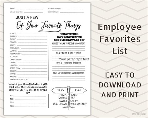 Employee Favorites List Employee Wishlist Printable Employee Favorites List PDF For Office Use