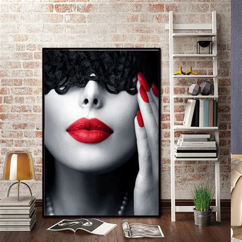 Abstract Black Red Lips Canvas Painting Sexy Woman Nordic Wall Pop Art Poster Prints Vogue