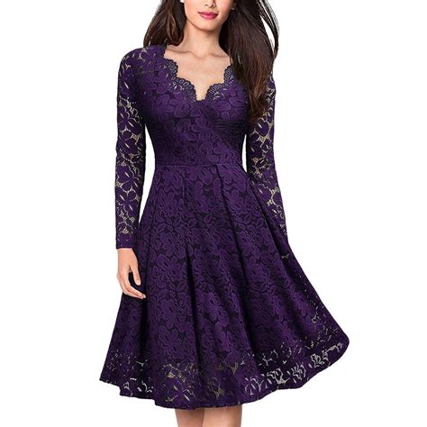 Lace V Neck Long Sleeves Swing Dress Purple 4n93626622 Size S