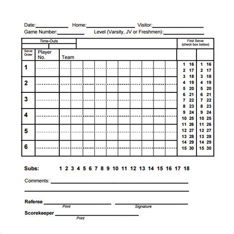 Volleyball Score Sheet Printable Printable Word Searches