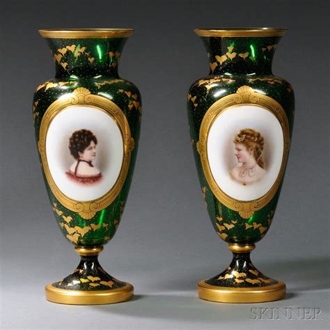 Pair Of Bohemian Green Glass Portrait Vases Victorian Vases Vase