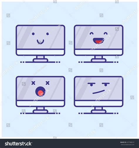 Vektor Stok Set Cute Computer Monitor Emoji Line Tanpa Royalti