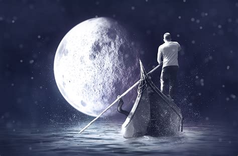 Фото мужчина Фэнтези Луна Лодки