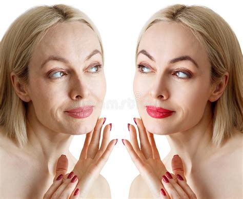 Retrato Comparativo De Mujer Adulta Con Y Sin Maquillaje Foto De Archivo Imagen De Cara