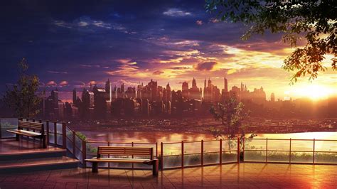 Download 1600x900 Anime Cityscape Skyscrapers Skyline Sunset Scenic Wallpapers Wallpapermaiden