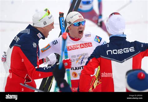 Norwegian Cross Country Skiers Celebrate After Winning The Mens 40