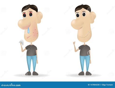 Young Man With Allergy Symptoms And Healthy Man Vector Illustration In