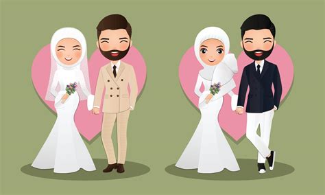 Set Cute Muslim Bride And Uple Cartoon Holding Hands 2367528