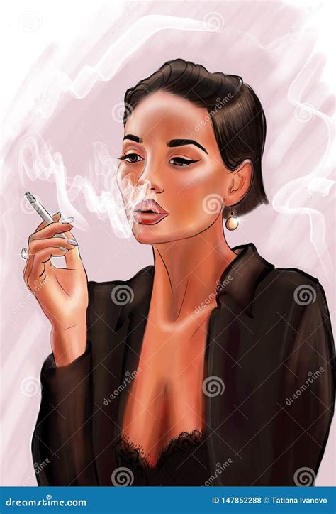Beautiful Brunette Girl With A Cigarette Stock Illustration Illustration Of Clothes Black