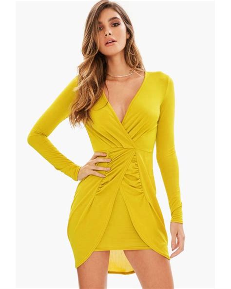 Missguided Yellow Slinky Plunge Long Sleeve Gathered Front Dress In
