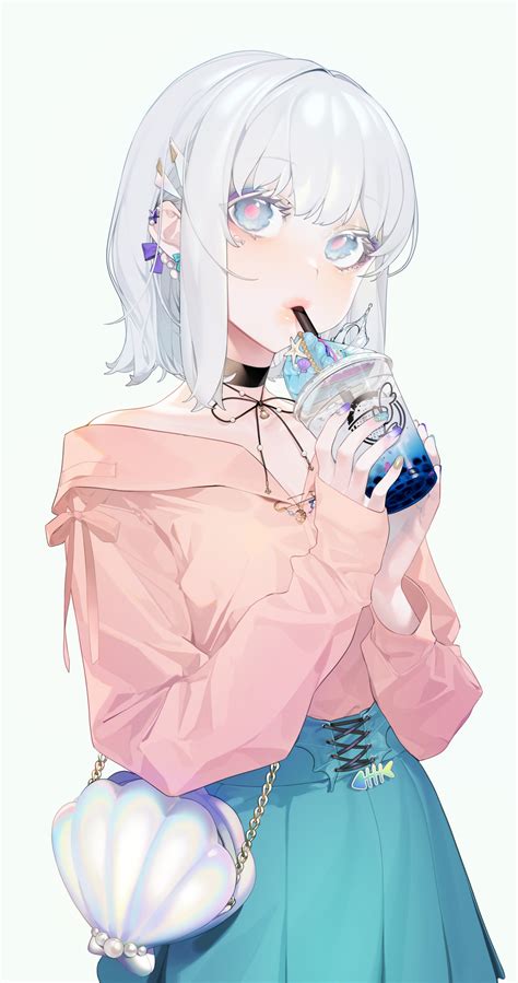Download 2044x3877 Anime Girl Drinking White Hair Make Up Wallpapers