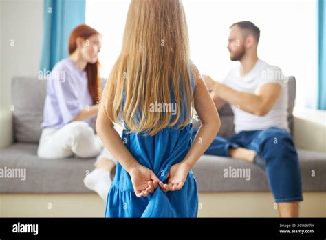 Sad Daughter Feeling Upset About Parents Divorce Caucasian Child Girl