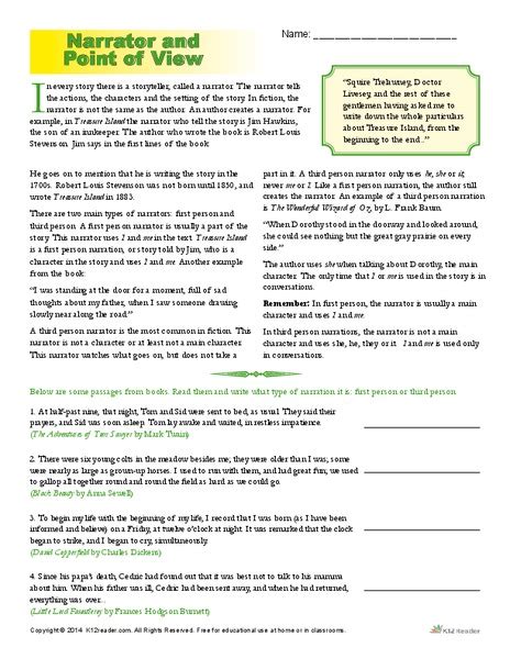 Narrator And Point Of View Worksheet For 2nd 5th Grade Lesson Planet