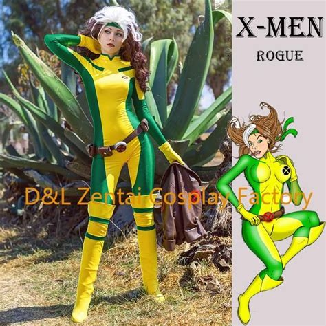 Dhl 2015 X Men Rogue Cosplay Costume Yellow And Green Lycra Spandex