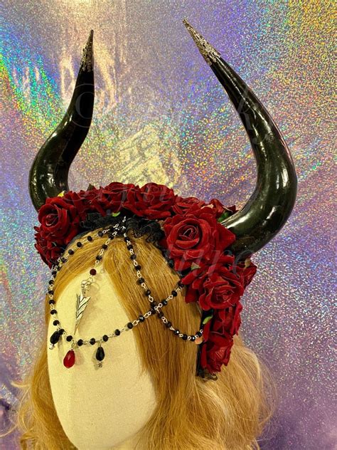 Tribal Demon Gothic Fantasy Horns Headdress Roses Horned Devil Etsy