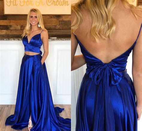 Simple Cheap Royal Blue Two Pieces Prom Dresses With Straps Pockets