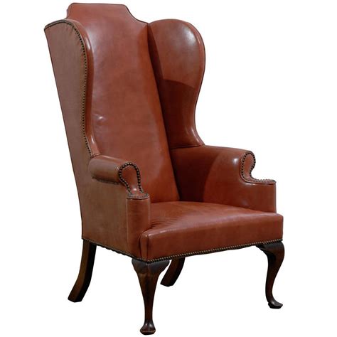 Leather Queen Anne Style Wing Chair In Burnished Orange With Nailhead Trim At 1stdibs
