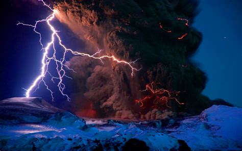 Lightning Over Volcano Full Hd Wallpaper And Background Image