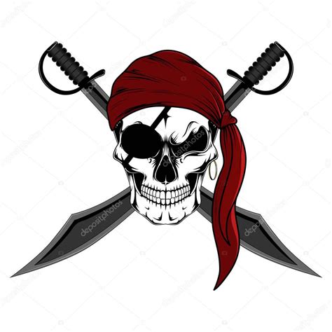 Pirata del cráneo en un pañuelo rojo con sables Imagen vectorial sobre fondo blanco