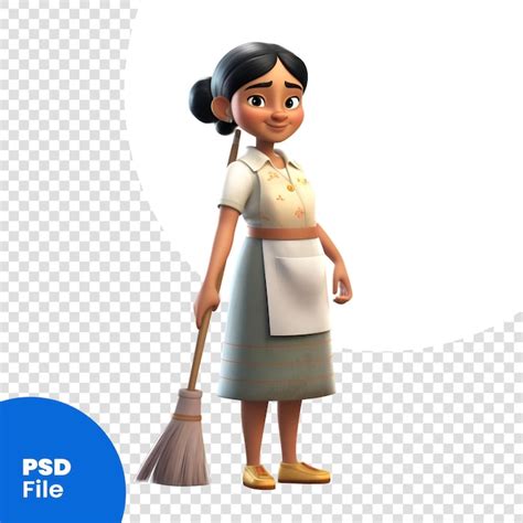 ilustração renderizada em 3d de uma jovem empregada asiática com uma vassoura modelo psd psd