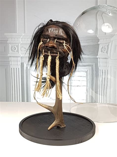 Finest Jivaro Shrunken Warrior Head Replica On Antler Under Catawiki