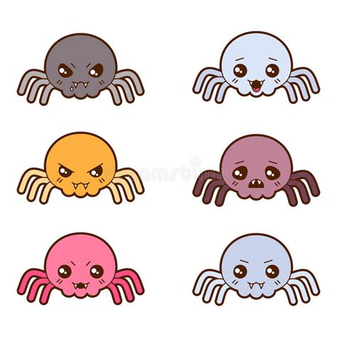 Set Of Kawaii Spiders With Different Facial Stock Vector Illustration