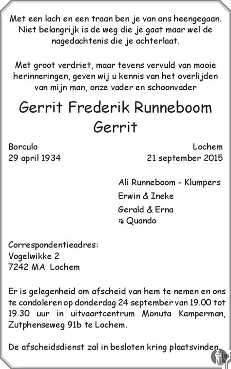 Gerrit Frederik Gerrit Runneboom Overlijdensbericht En
