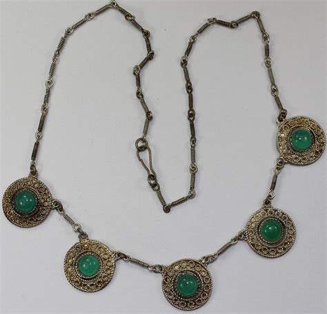 Lot Vintage Chrysoprase Necklace In Mixed Silver