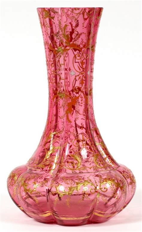 Moser Style Enameled Cranberry Glass Vase Lot 71455