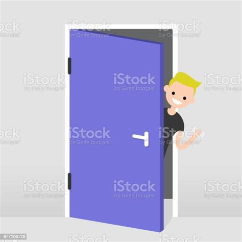 Young Character Peeking Out From Behind The Door Hello Or Goodbye Hand