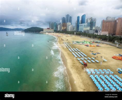 Aerial View Of Cloudy Summer Morning Of Haeundae Beach Busan South