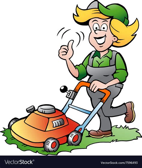 Cartoon Of A Handy Gardener Woman With A Lawnmower