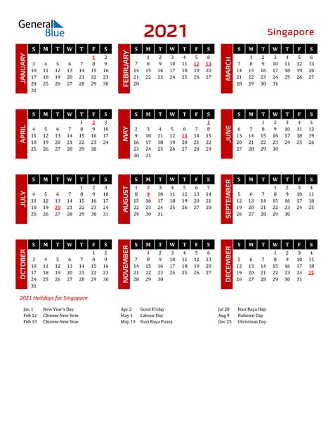 2021 Singapore Calendar With Holidays
