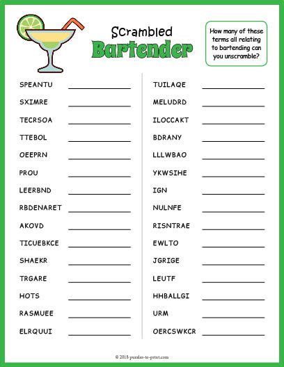 Bartender Word Scramble Scramble Words Word Games Word