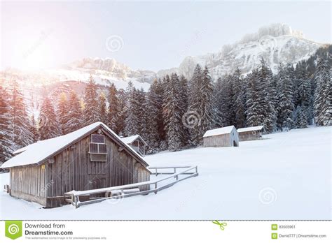 Wooden House In Snow Covered Mountains Stock Image Image Of House