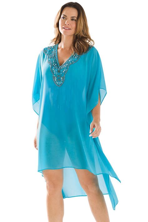 Rhinestone V Neck Blue Sheer Kimono Beach Cover Up Dress Lc42236